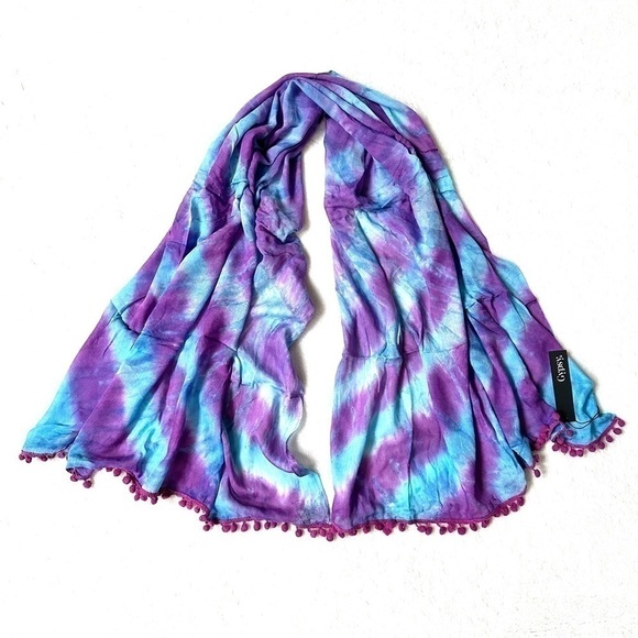 NWT Gypsy 05 Tie Dye Rayon Scarf with Pom Pom Tassels - Picture 1 of 9